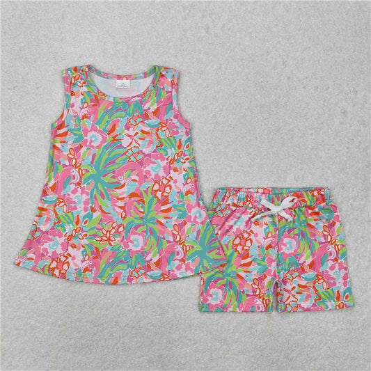 GSSO1749Baby Girls Pink Aqua Sleeveless Watercolor Floral Print Top Shorts Set