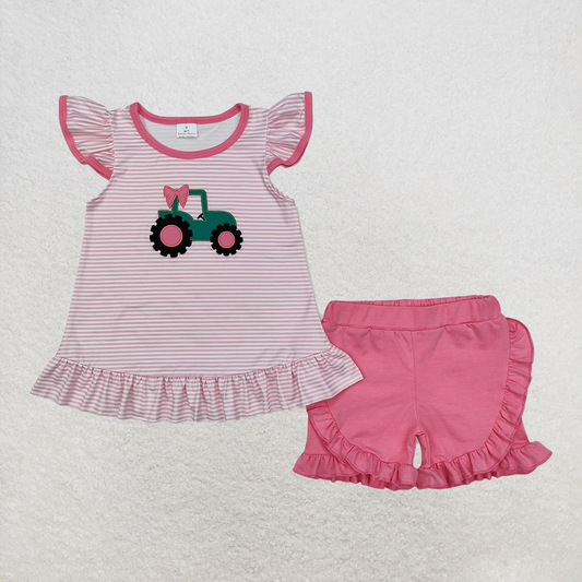 GSSO1757 RTS NO MOQ Baby Girls Summer Outfits baby girl clothes embroidery pink flying sleeve shorts set