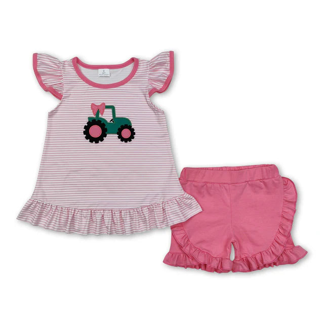 USA Warehouse (IN STOCK) Baby Girls Summer Embroidered and Printed Short-Sleeve Top and Shorts Set