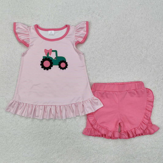 GSSO1757RTS NO MOQ Baby Girls Summer Outfits Pink stripe flutter sleeves tractor kids girls farm outfits