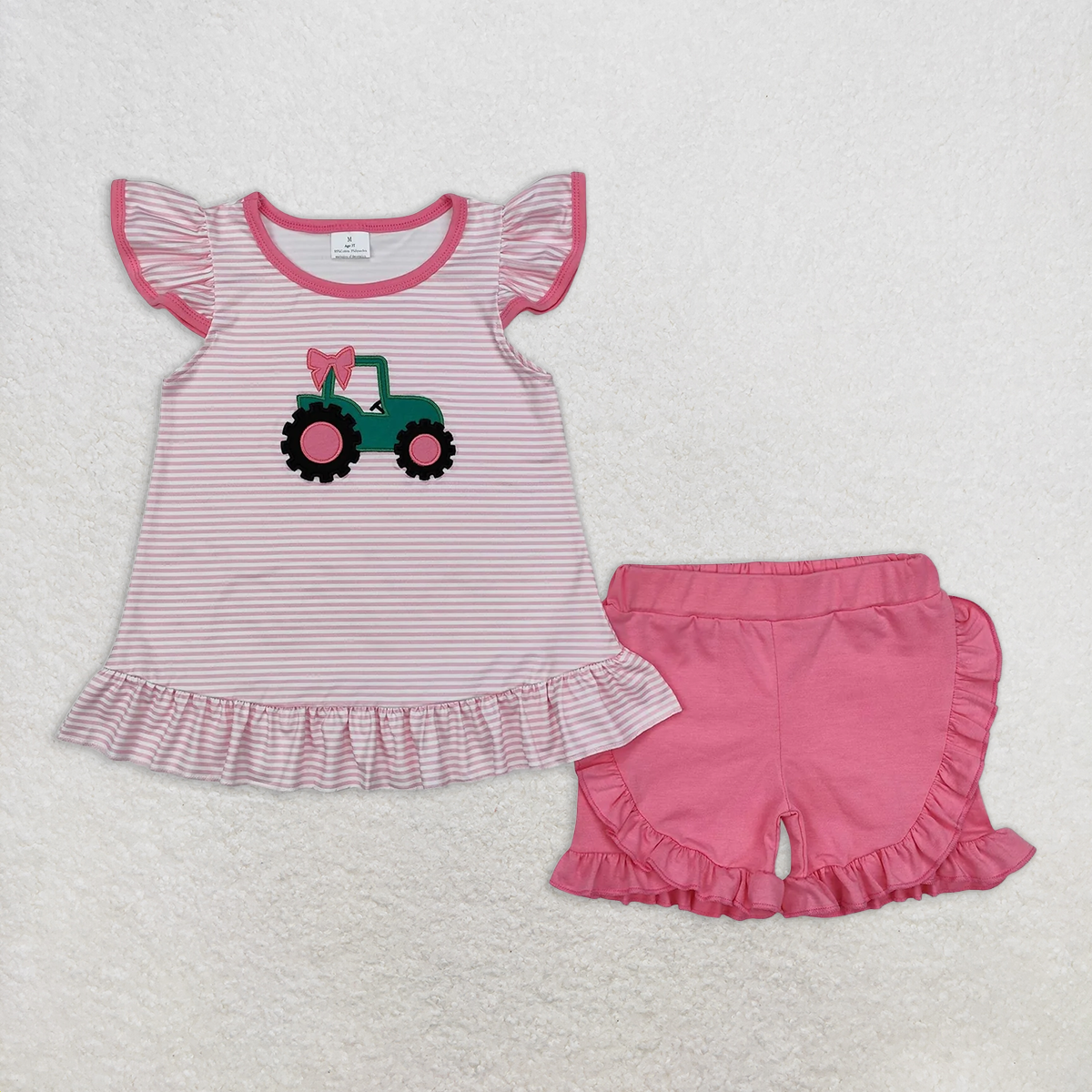7.18   RTS NO MOQ Pink stripe flutter sleeves tractor kids girls farm outfits rompers