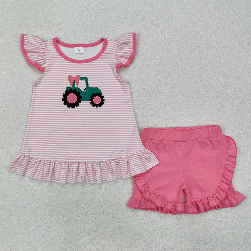 12.27 RTS Sibling Boys Baby Girls Pink Truck Bow Tunic Shorts Clothes Sets