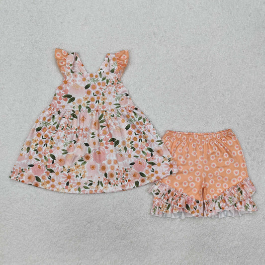 GSSO1763Baby Girls Peach Flutter Sleeves Floral Print Tunic Ruffle Shorts Set