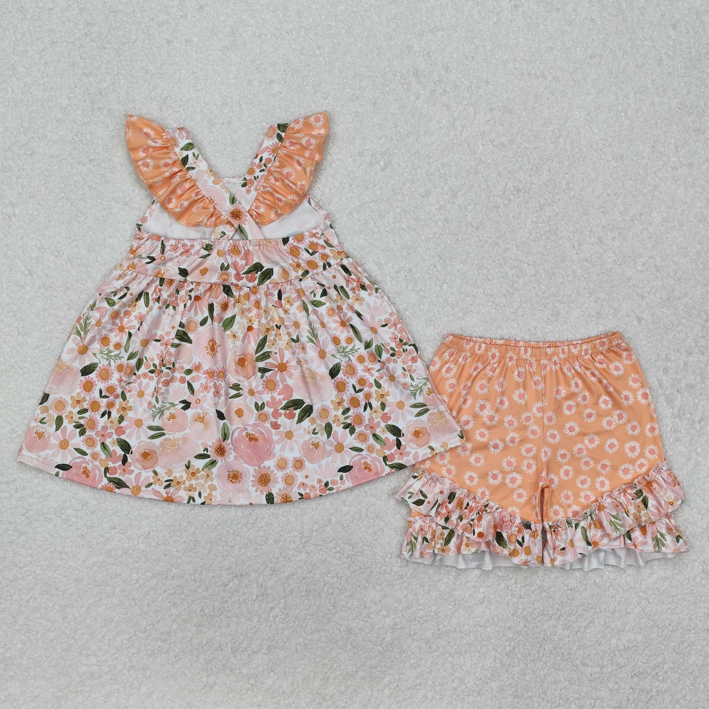 GSSO1763Baby Girls Peach Flutter Sleeves Floral Print Tunic Ruffle Shorts Set