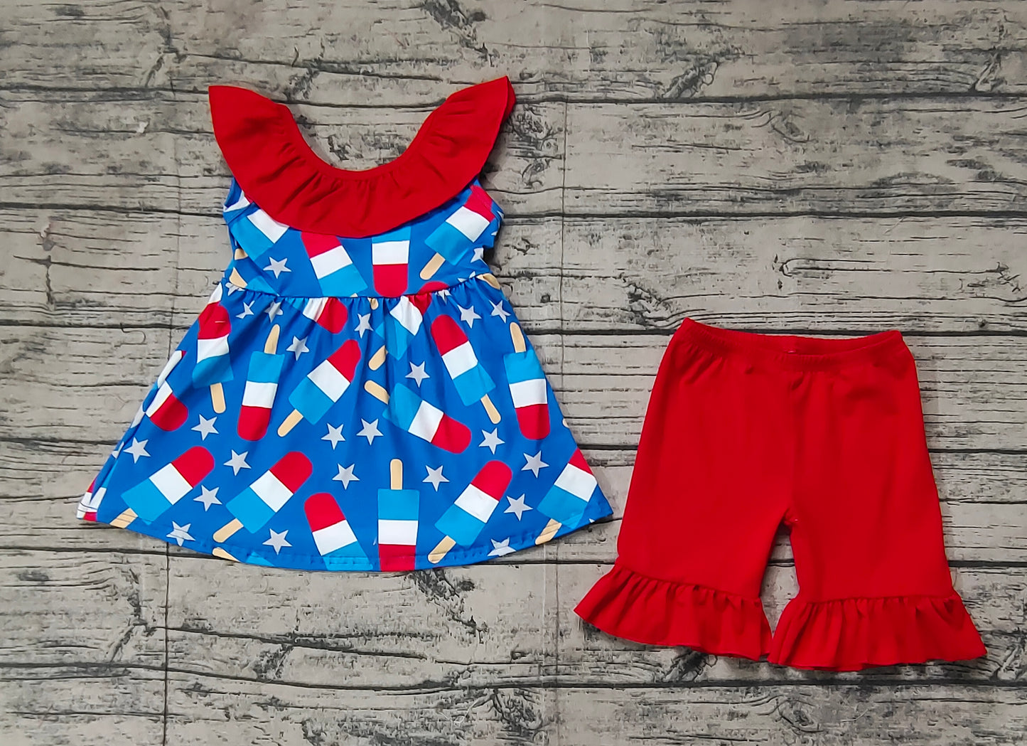 GSSO1765Girls’ 4th of July Charming Blue Stars and Popsicle Ruffle Tunic Shorts Outfit