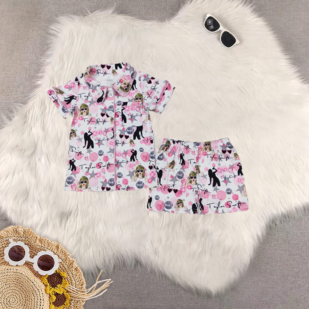 RTS Sibling Baby Girls Blue floral short sleeves girls button down pajamas