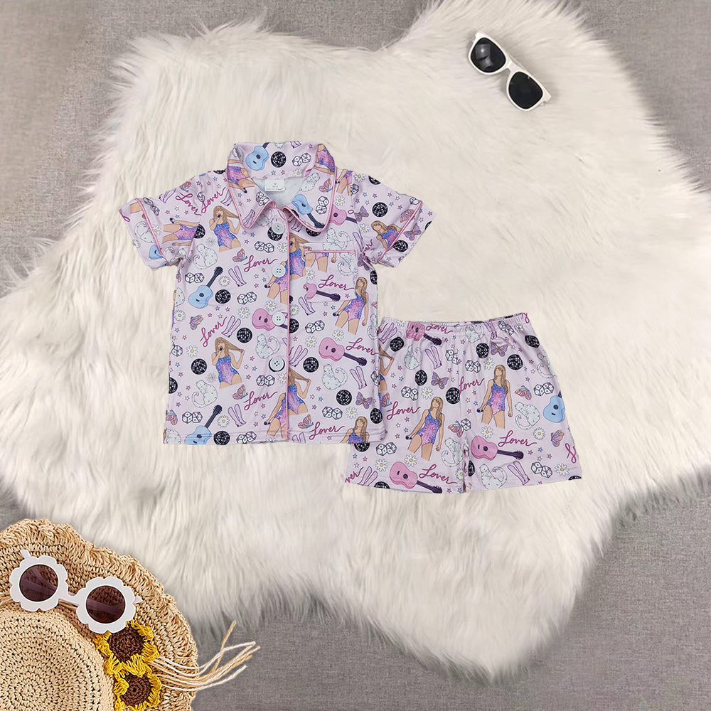 RTS Sibling Baby Girls Blue floral short sleeves girls button down pajamas