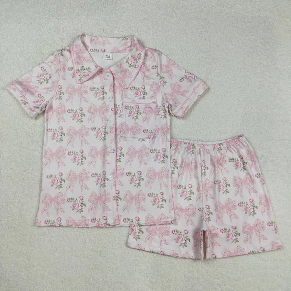 11.10 RTS Silbing Mama and Me Colorful Bows Pocket Button Top Shorts Pajamas Sets
