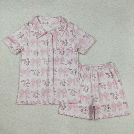 GSSO1779Pink Floral Bow-Trimmed Women's Short-Sleeve Button-Down Sleepwear