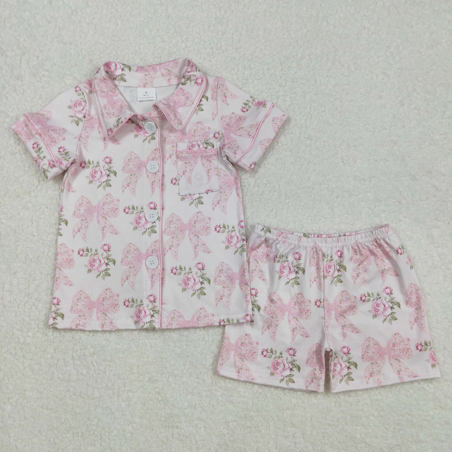 GSSO1780Baby Girls' Adorable Pink Short-Sleeved Bow Floral Button Down Pajamas for Cosy Nights
