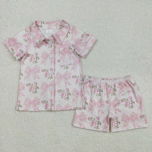 GSSO1780Baby Girls' Adorable Pink Short-Sleeved Bow Floral Button Down Pajamas for Cosy Nights