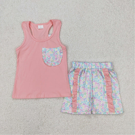 4.22 GSSO1783  RTS NO MOQ Leopard pocket sleeveless top ruffle shorts girls clothes