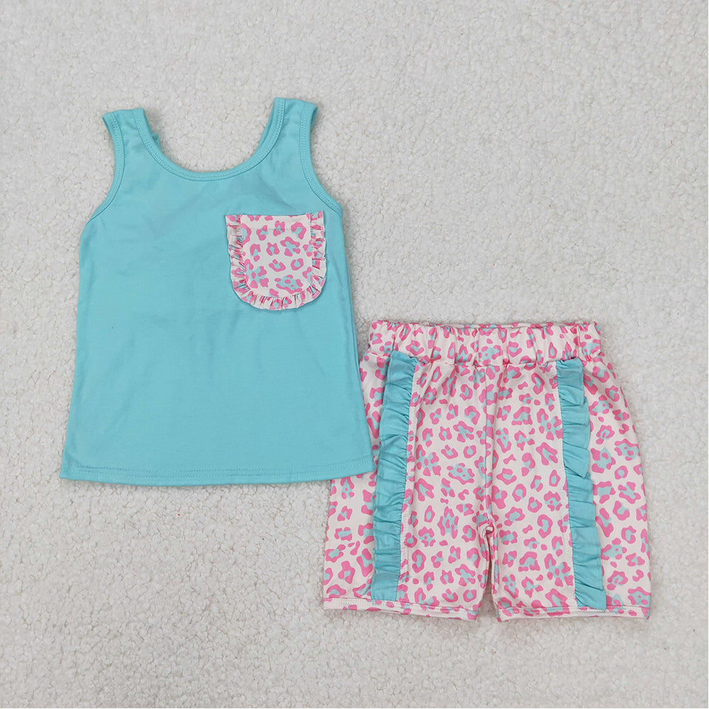 4.25 GSSO1784  RTS NO MOQ Leopard pocket sleeveless mint top ruffle shorts girls clothes