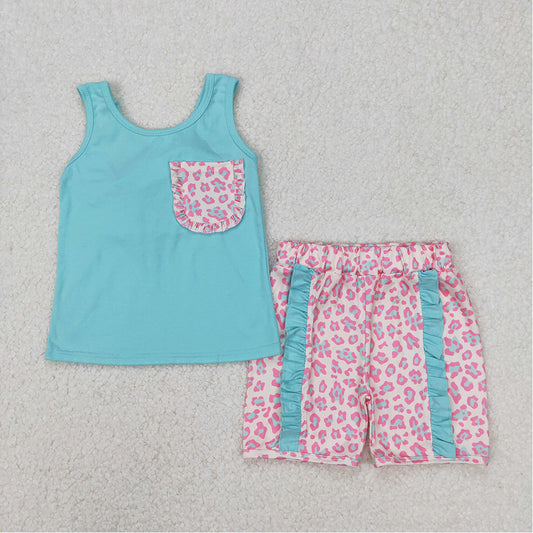 4.25 GSSO1784  RTS NO MOQ Leopard pocket sleeveless mint top ruffle shorts girls clothes