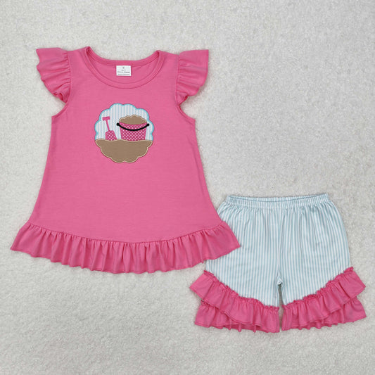 GSSO1785RTS NO MOQ Baby Girls Summer Outfits Baby Girls Pink Beach Tunic Ruffle Shorts Clothes Sets