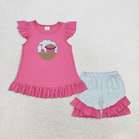 GSSO1785 RTS NO MOQ baby girls clothes embroidery rose red flying sleeve shorts set