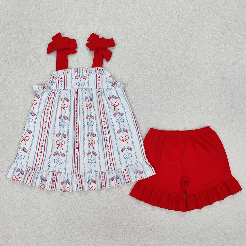 3.28 RTS Sibling Baby Kids Sleeveless floral bow flag top shorts girls 4th of july outfits