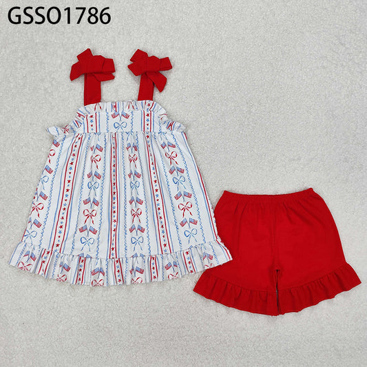 GSSO1786New Rts No Moq 8-9 Days By Air Arrived it Red straps flag bow tunic shorts girls 4th of july outfits