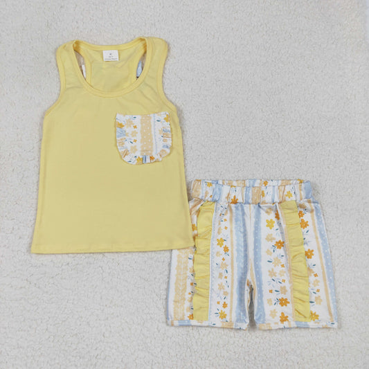 GSSO1788Yellow sleeveless floral bow ruffle shorts girls clothes