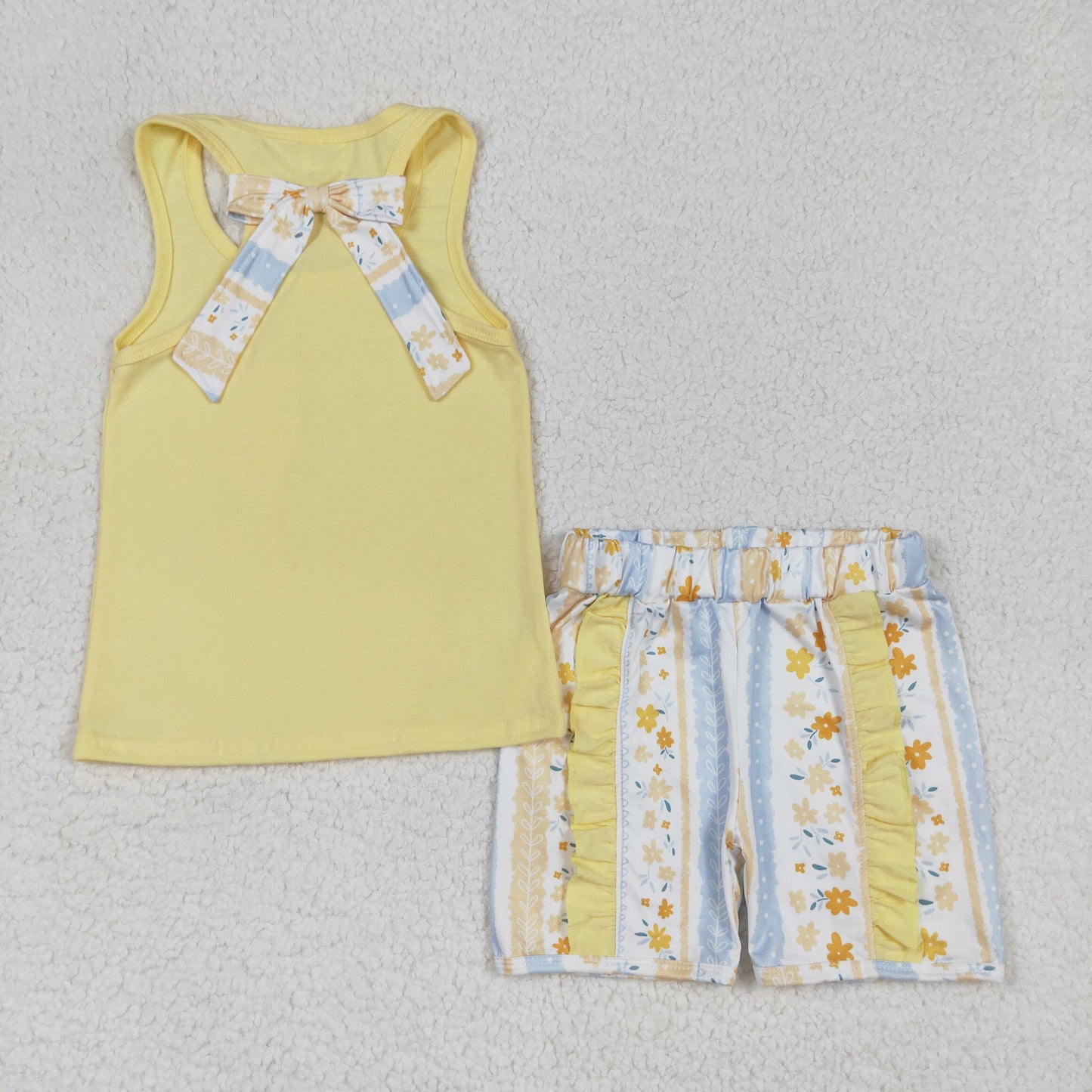 GSSO1788Yellow sleeveless floral bow ruffle shorts girls clothes