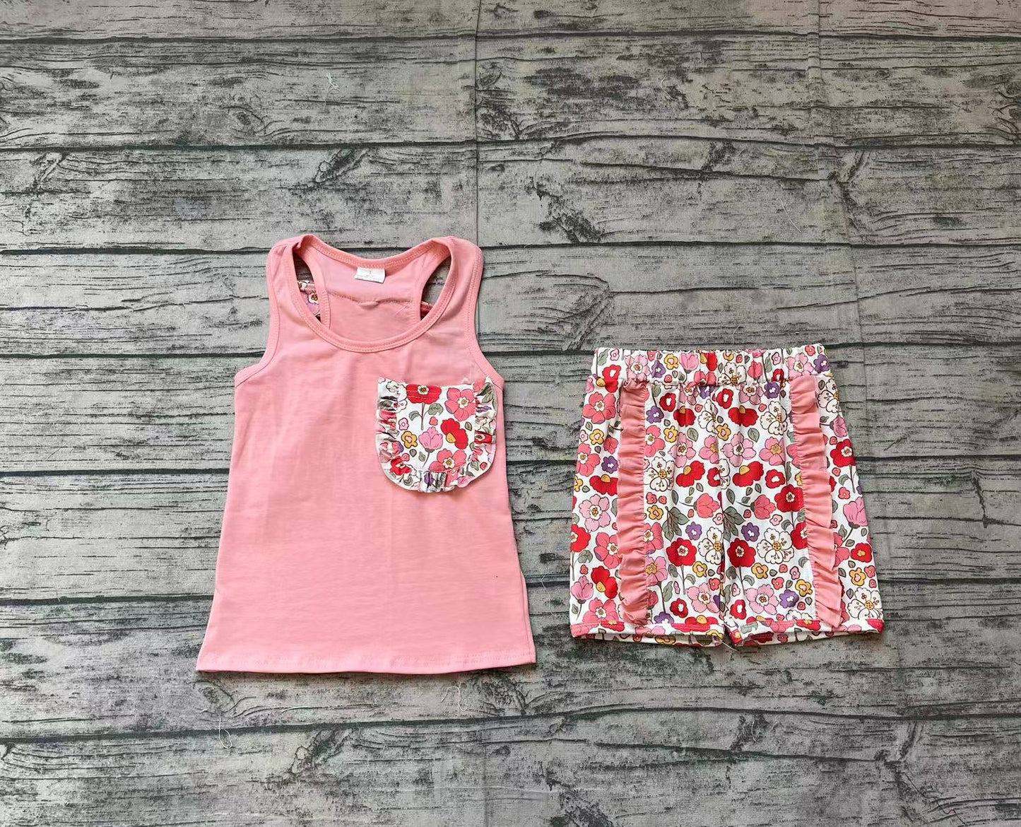 GSSO1793Baby Girls Pink Vest Shirt Flowers Shorts Clothes Sets