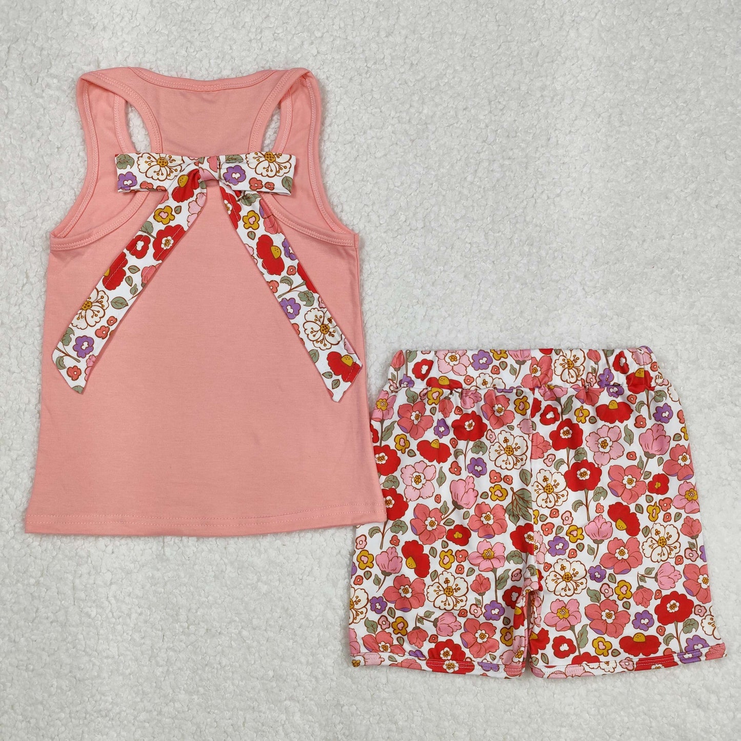 GSSO1793Girls Peach Floral Bow Ruffle Shorts Sleeveless Outfit Cute Children's Clothing Set for Girls