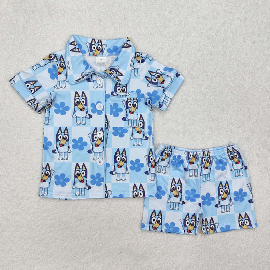 GSSO1800Light blue floral dog plaid kids girls button down pajamas