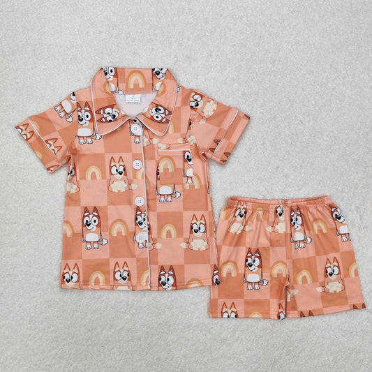 GSSO1801Baby Girls Dogs Checkered Rainbow Buttons Shirts Shorts Pajamas