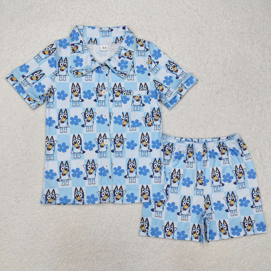 GSSO1803Blue dog floral plaid adult women button down pajamas