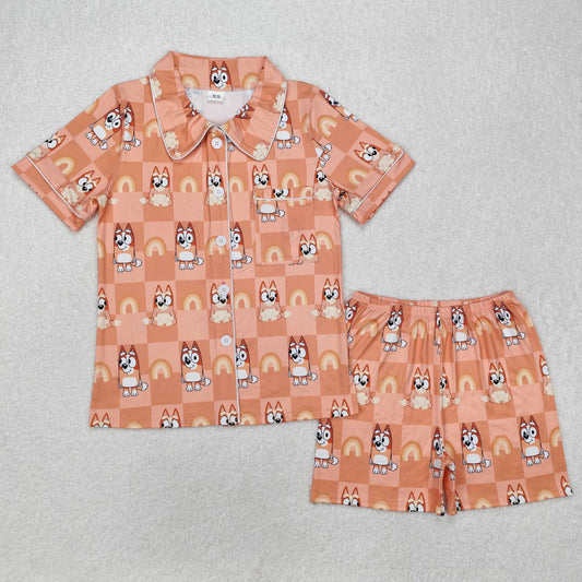 GSSO1804Adult Women Dogs Checkered Rainbow Buttons Tops Shorts Pajamas