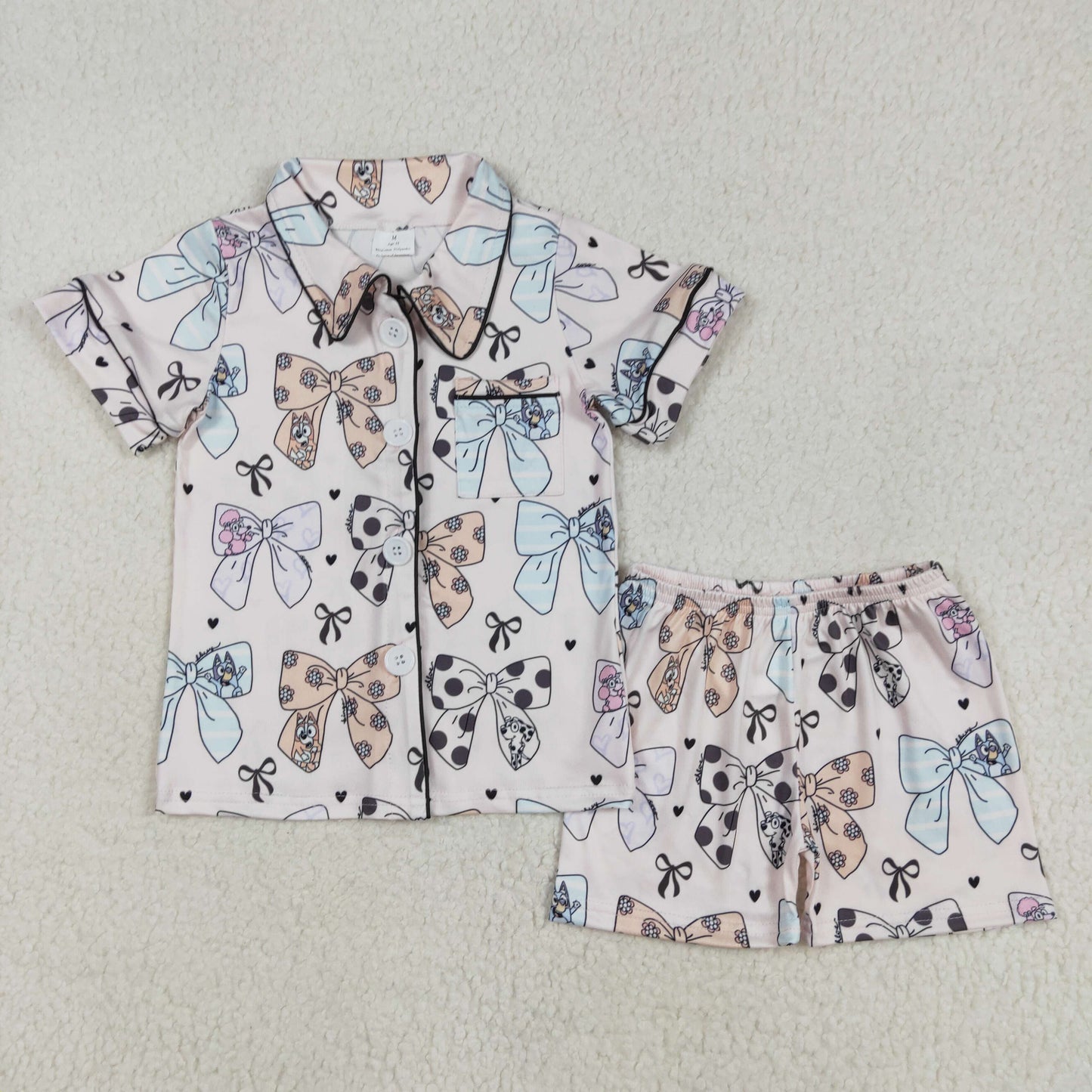 GSSO1810RTS NO MOQ Baby Girls Pajamas Outfits Kids Girls Short Sleeve Button down Pajamas with Dog Bow - Comfortable Sleepwear for Children