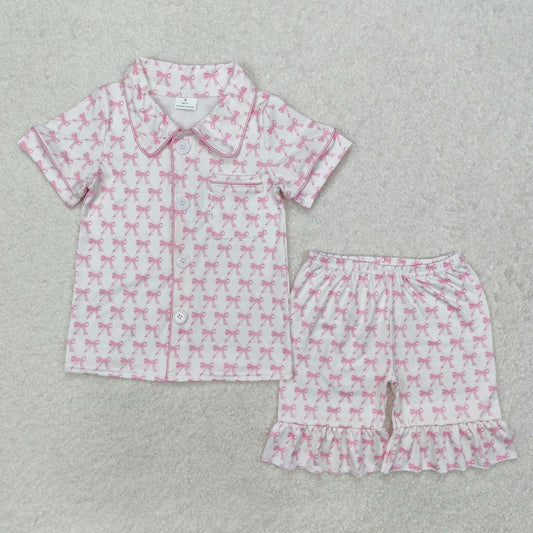GSSO1820Baby Girls Short Sleeves Pink Bows Button Down Pocket Top Shorts