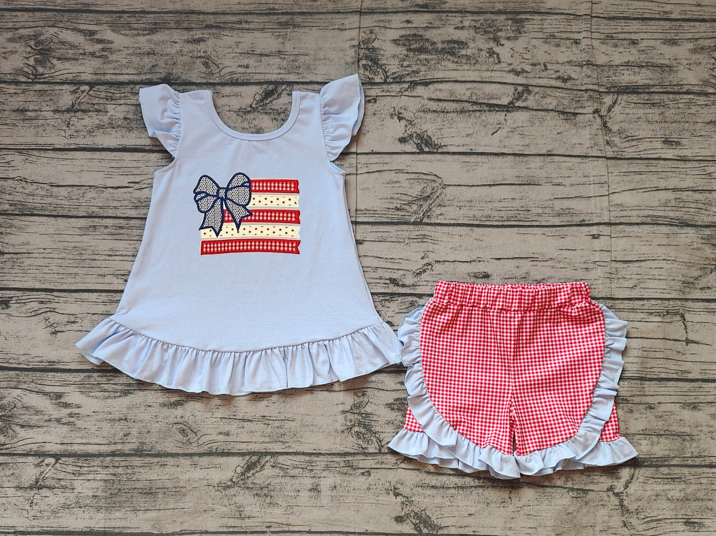 GSSO1822Flutter sleeves bow flag kids girls 4th of july outfits
