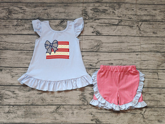 GSSO1822Flutter sleeves bow flag kids girls 4th of july outfits