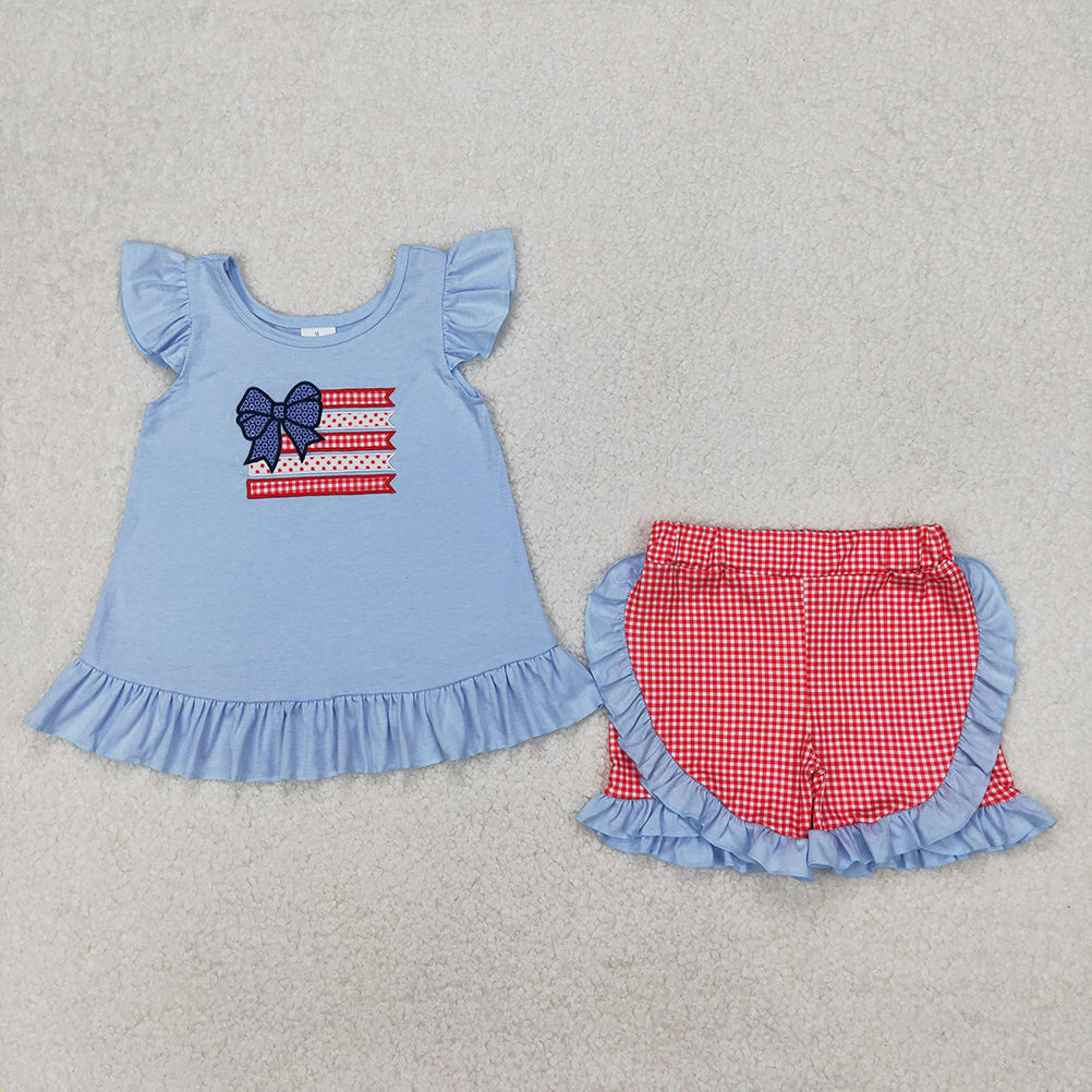 6.03  GSSO1822  New Rts No Moq 8-9 Days By Air Arrived it Flutter sleeves bow flag kids girls 4th of july outfits