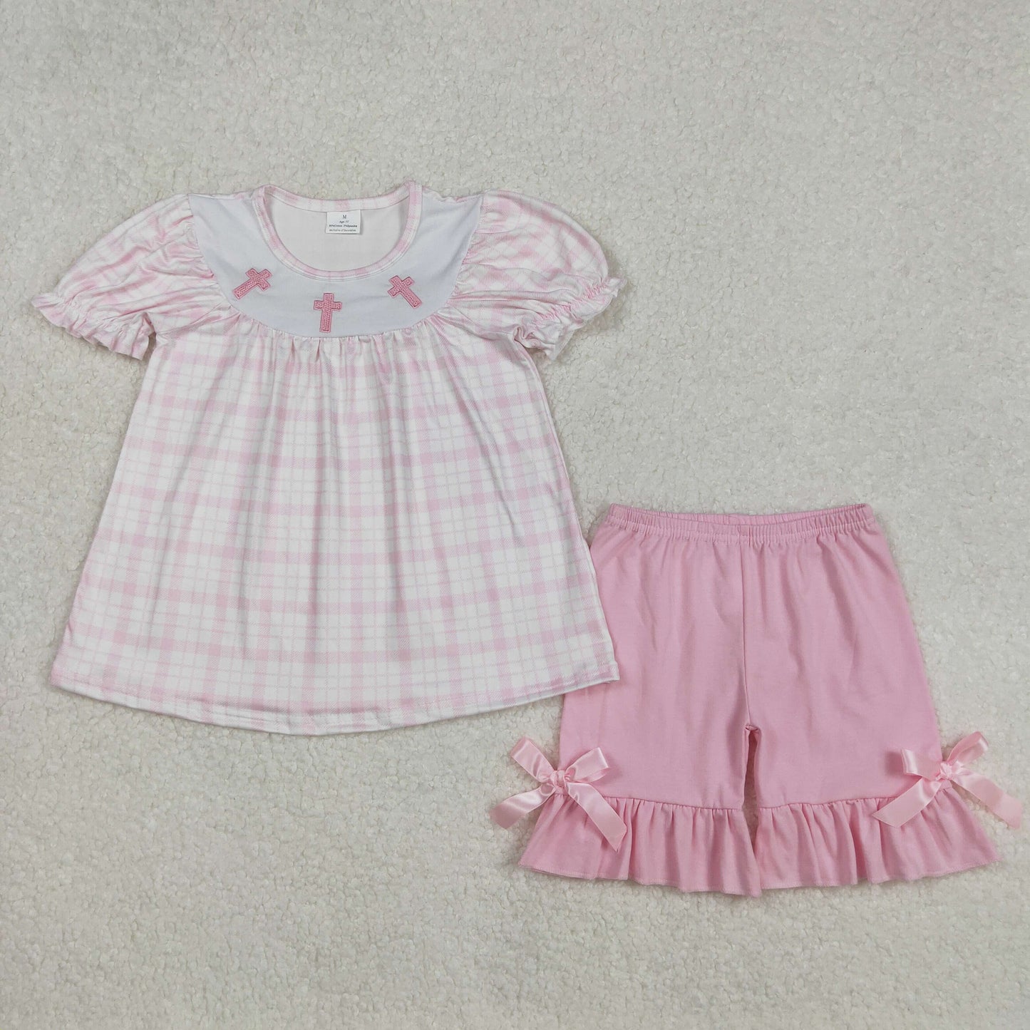 GSSO1855Kids Girls Plaid Cross Tunic Ruffle Shorts Outfit Easter Theme Clothing Set for Children