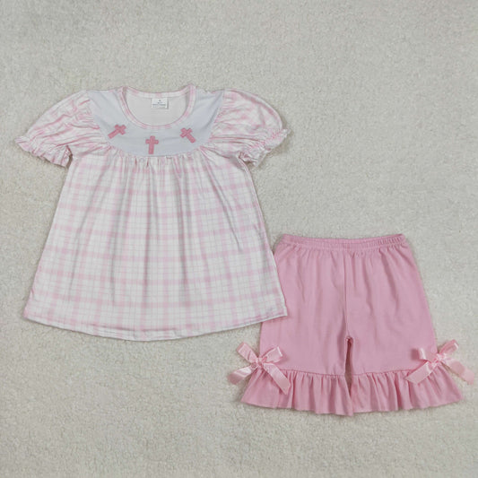 GSSO1855Kids Girls Plaid Cross Tunic Ruffle Shorts Outfit Easter Theme Clothing Set for Children