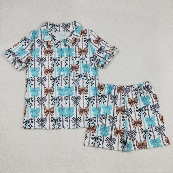 11.10 RTS Silbing Mama and Me Colorful Bows Pocket Button Top Shorts Pajamas Sets