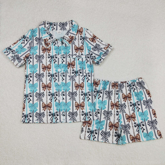 GSSO1856Adult Women's Leopard Cow Print Bow Button down Pajamas Comfortable Sleepwear