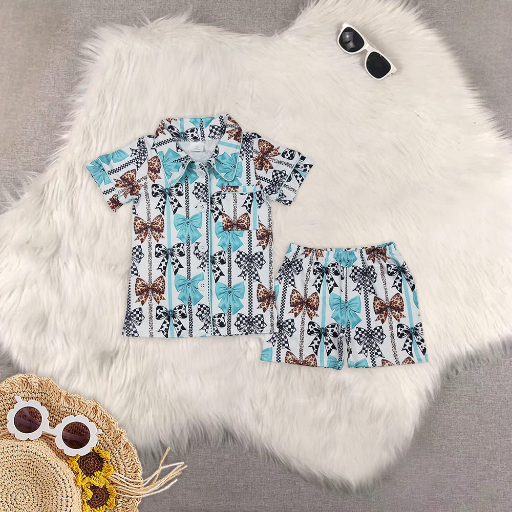 RTS Sibling Baby Girls Blue floral short sleeves girls button down pajamas
