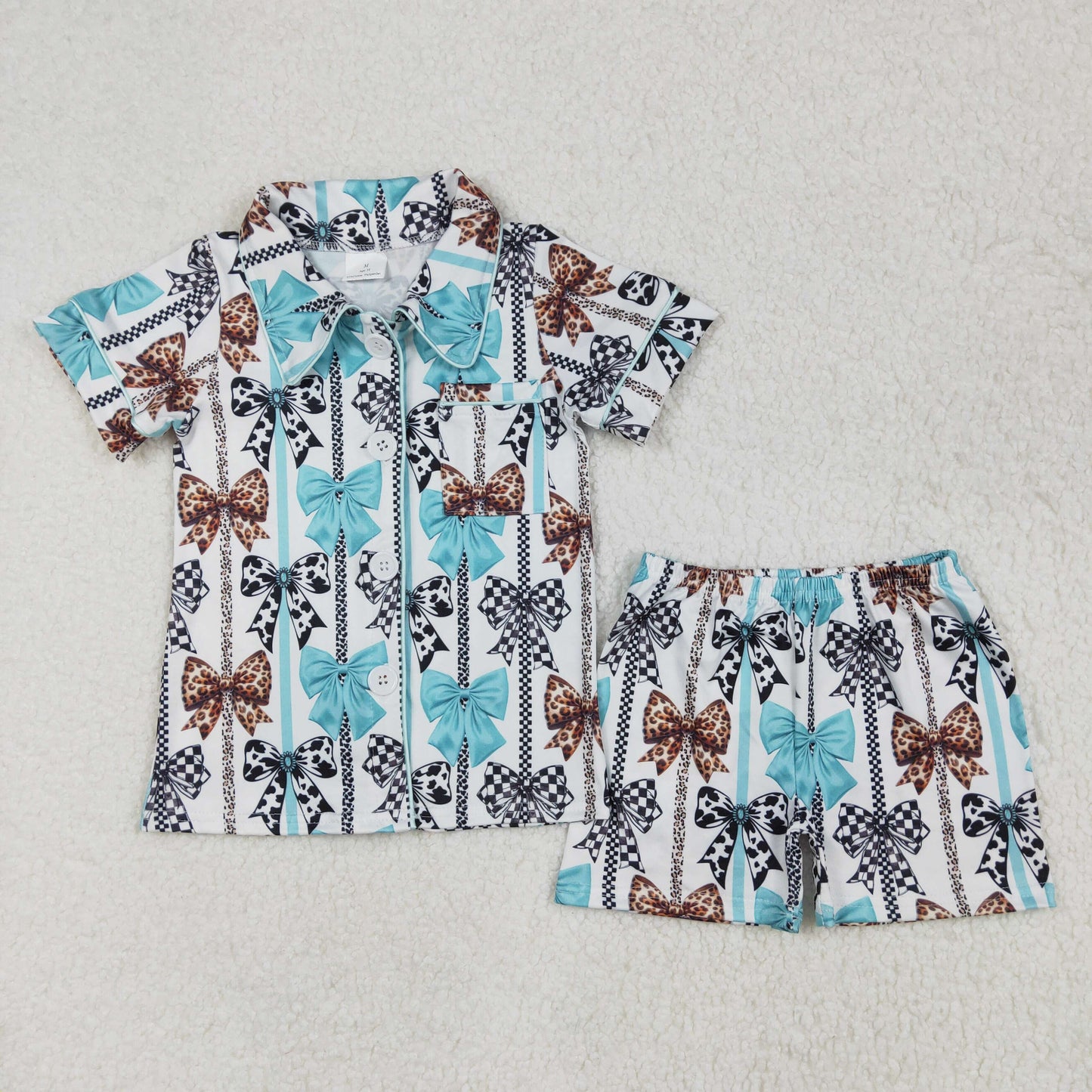 GSSO1858Sweet Leopard Cow Print Bow Pajamas in Button-Down Design for Girls