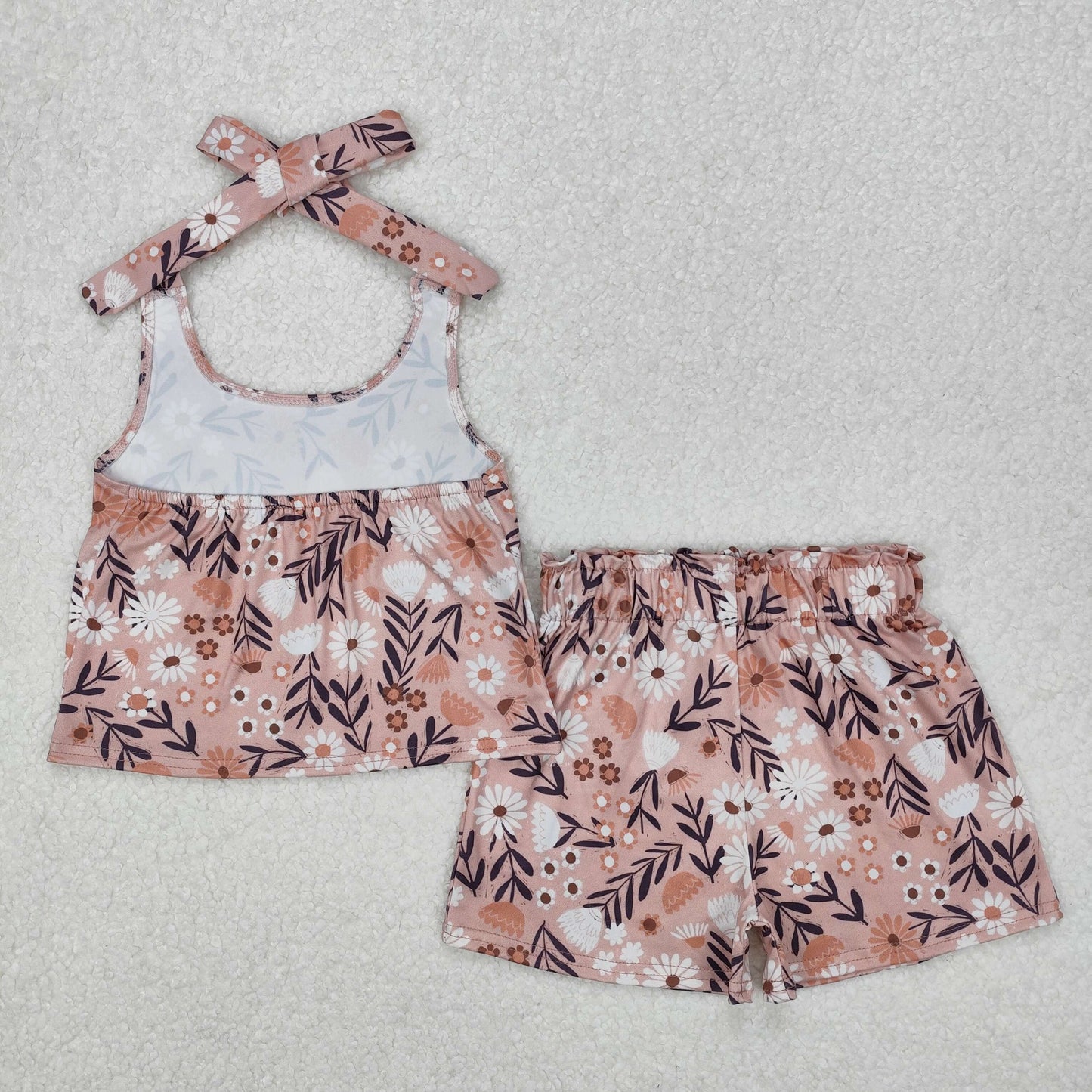 GSSO1870Kids Girls Khaki Floral Halter Top Short Set Summer Outfits Casual Floral Print Halter Neck Top Matching Shorts for Girls