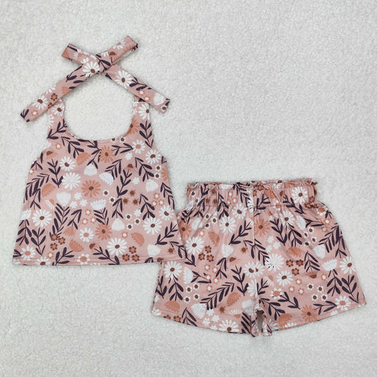 GSSO1870Kids Girls Khaki Floral Halter Top Short Set Summer Outfits Casual Floral Print Halter Neck Top Matching Shorts for Girls