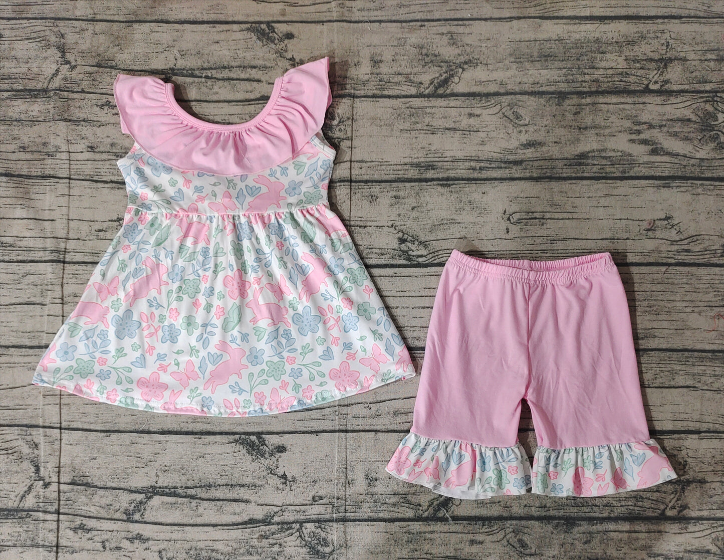 GSSO1881Girls Pink Ruffle Floral Bunny Tunic Short Set Easter Outfit Spring Clothing Set for Kids