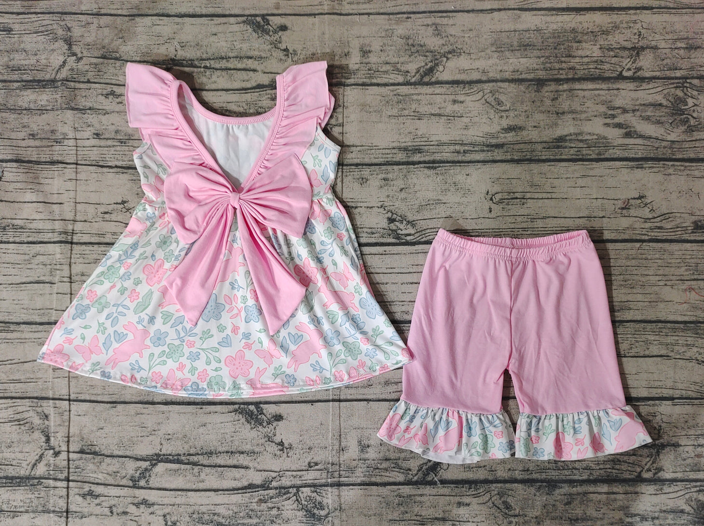 GSSO1881Girls Pink Ruffle Floral Bunny Tunic Short Set Easter Outfit Spring Clothing Set for Kids