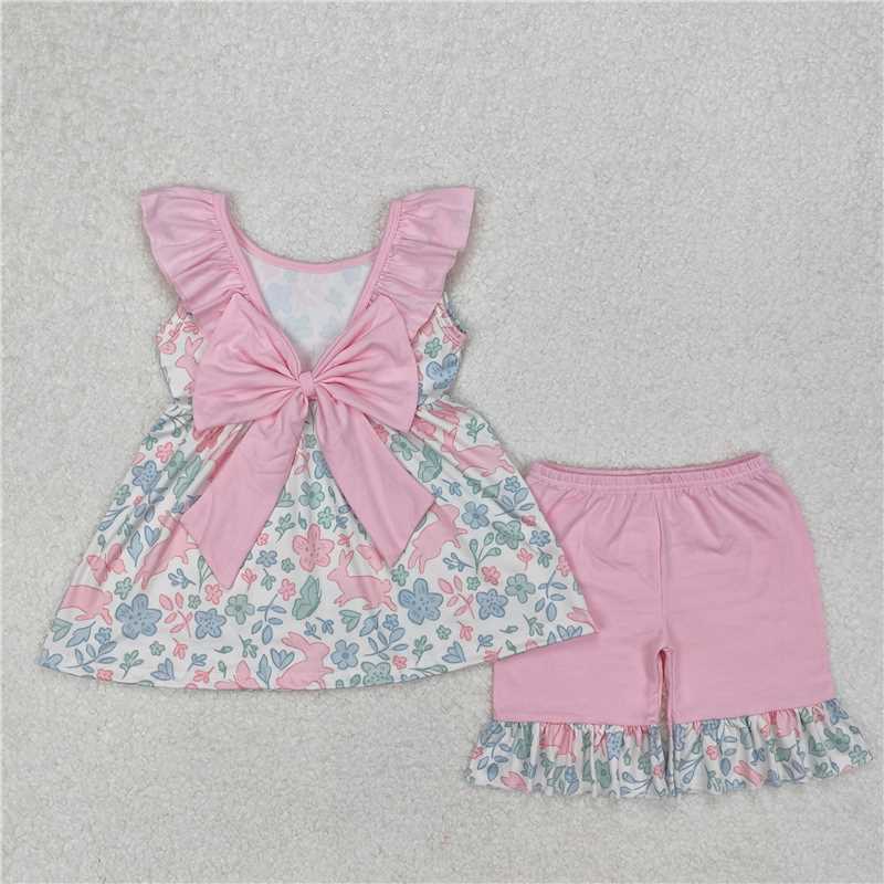 6.05 Girls Pink Ruffle Floral Bunny Tunic Short Set Easter Outfit Spring Clothing Set for Kids