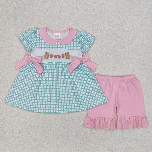 GSSO1882Girls Plaid Bunny Eggs Tunic Ruffle Shorts Outfit Easter Themed Clothing Set for Kids