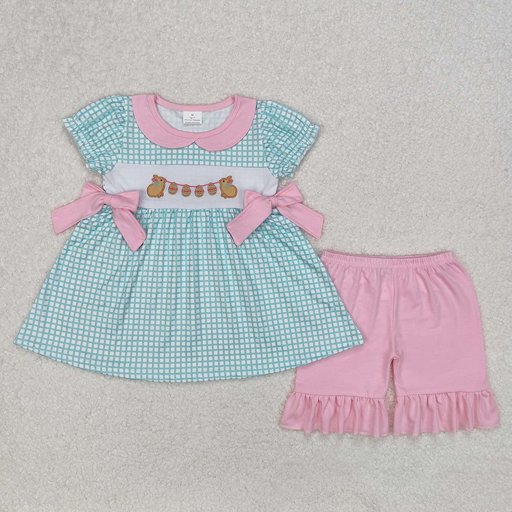 6.05  Girls Plaid Bunny Eggs Tunic Ruffle Shorts Outfit Easter Themed Clothing Set for Kids