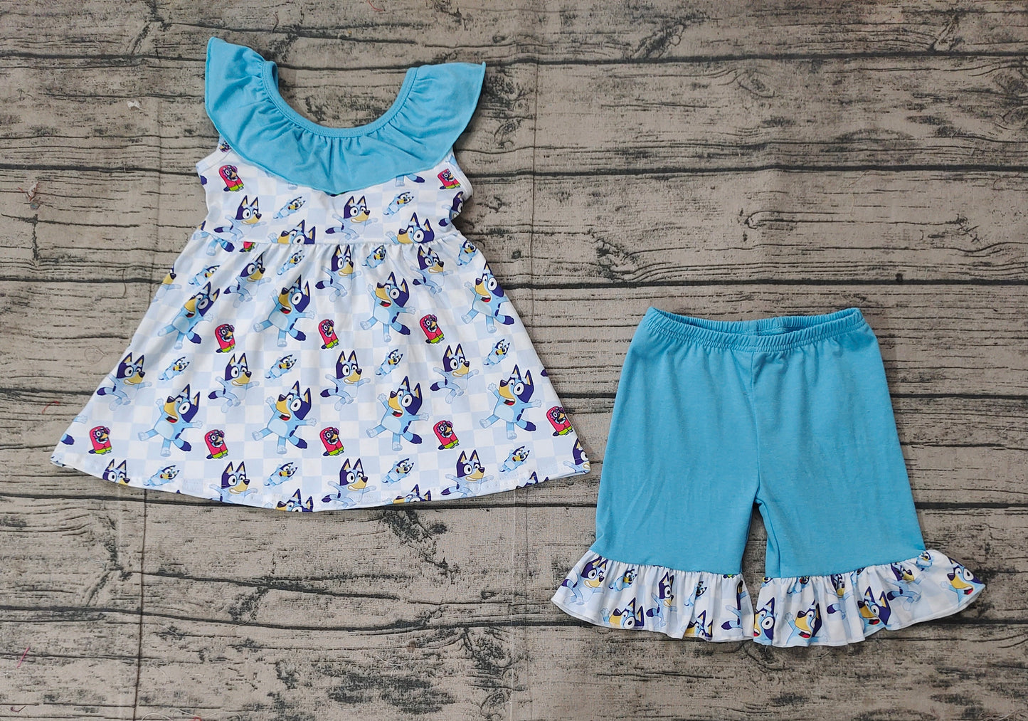 GSSO1886Adorable Blue Ruffle Sleeveless Plaid Dog-Print Tunic Shorts Set for Girls