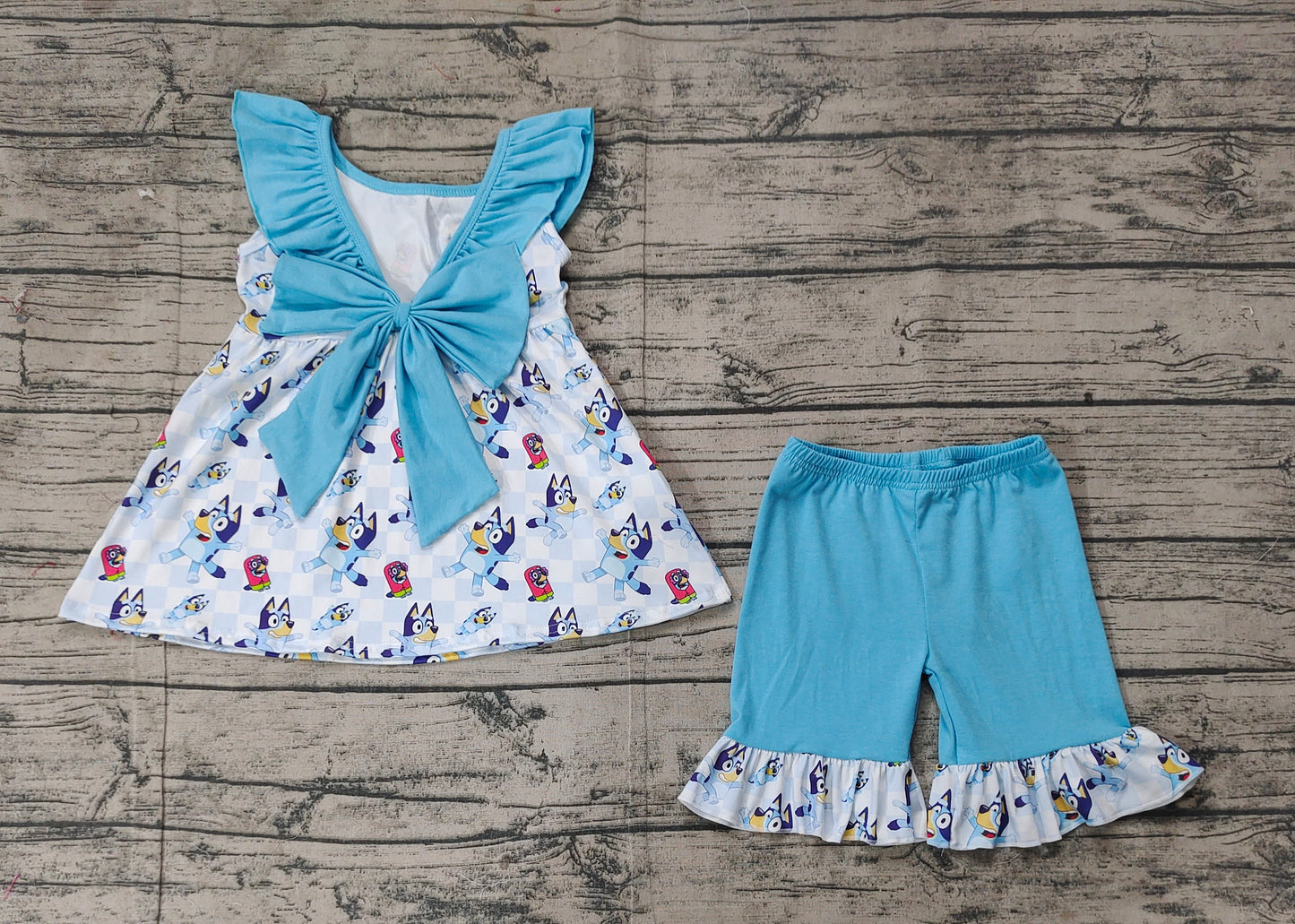 GSSO1886Adorable Blue Ruffle Sleeveless Plaid Dog-Print Tunic Shorts Set for Girls